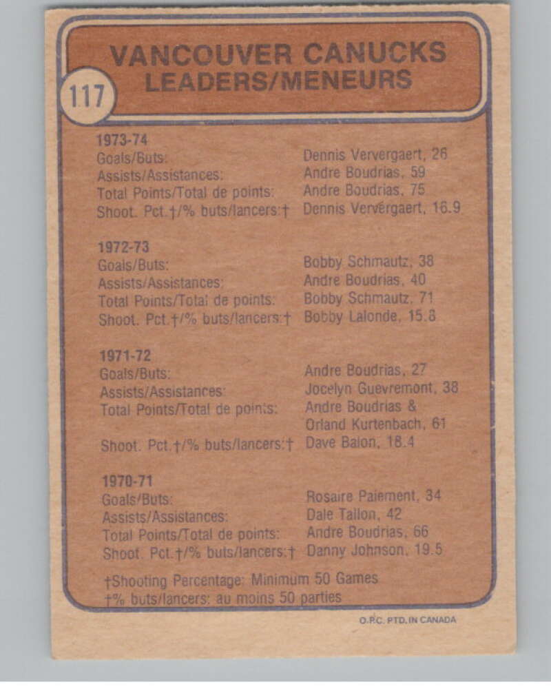 1974-75 O-Pee-Chee #117 Don Tannahill TL  Vancouver Canucks  V103565 Image 2