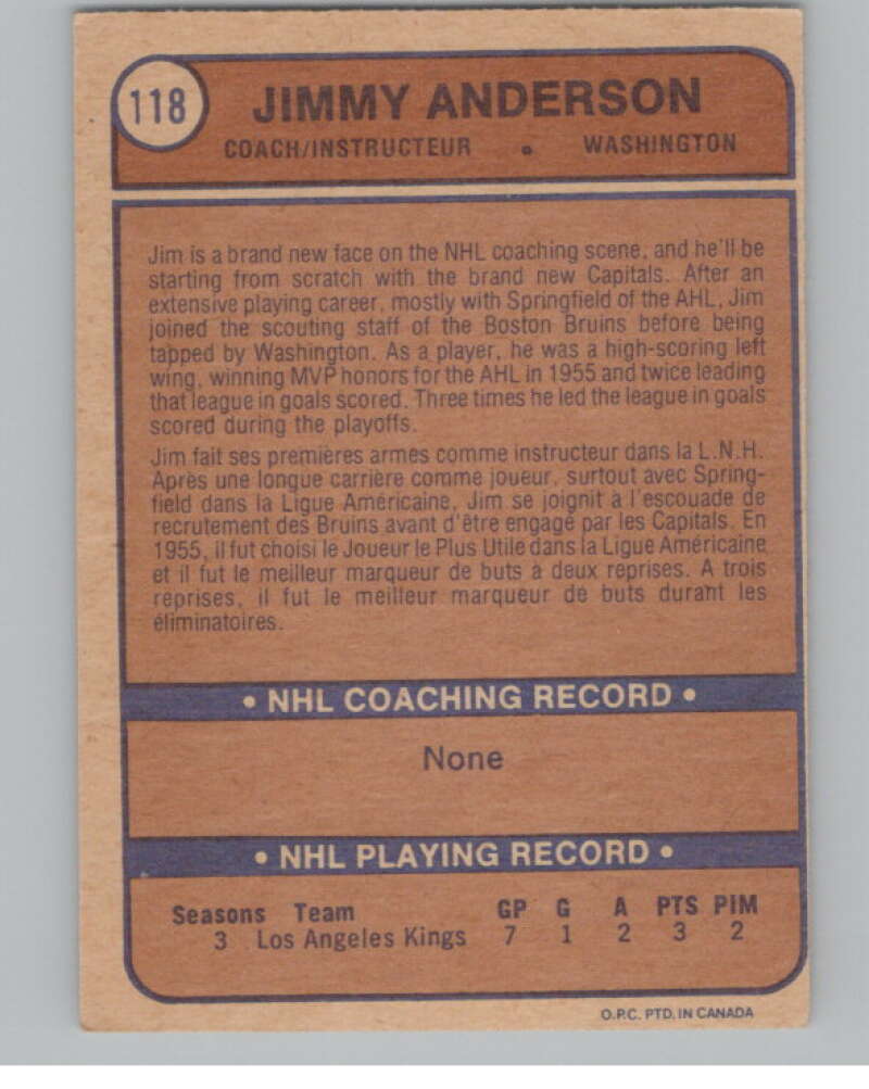 1974-75 O-Pee-Chee #118 Jim Anderson CO  RC Rookie Capitals  V103566 Image 2
