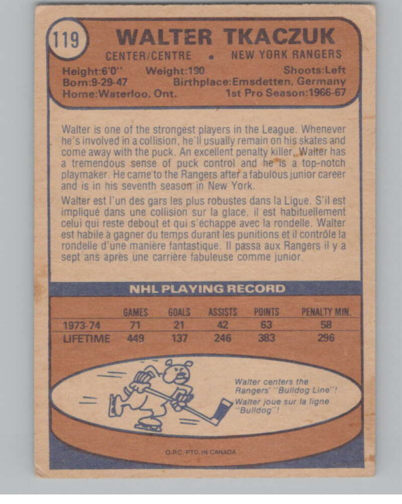 1974-75 O-Pee-Chee #119 Walt Tkaczuk  New York Rangers  V103567 Image 2