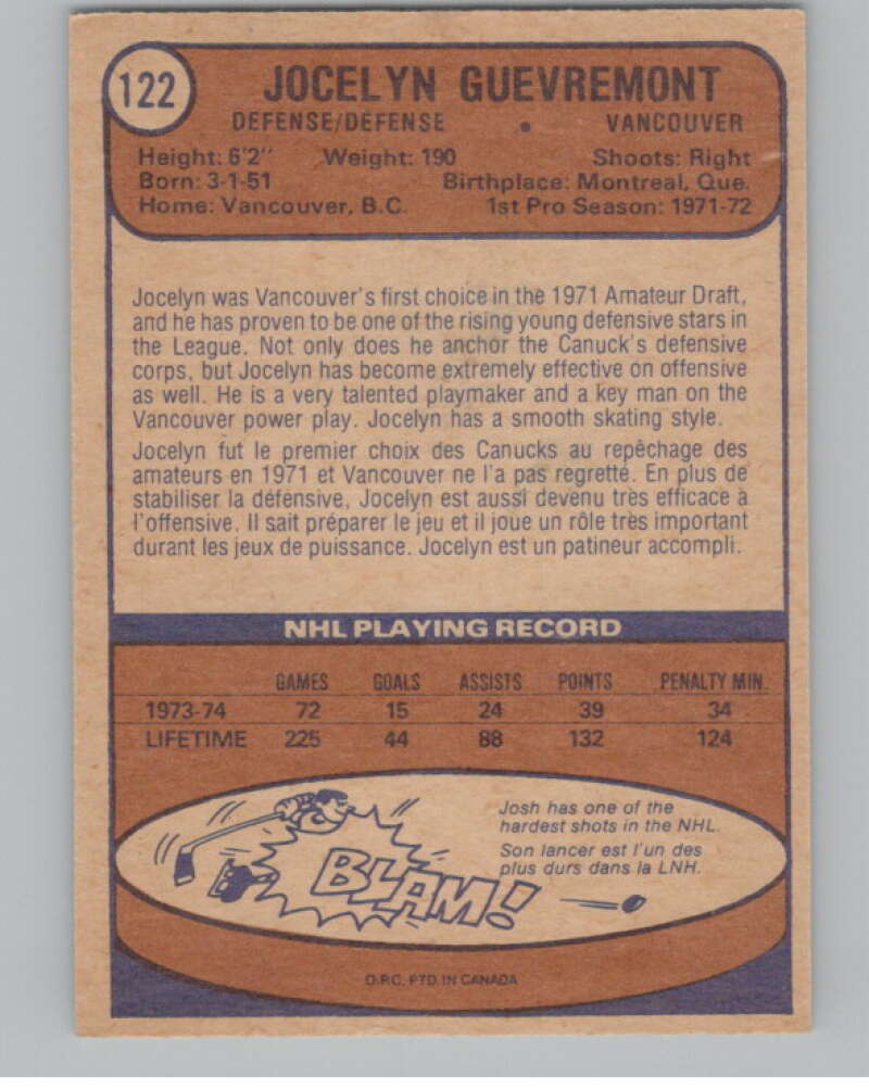 1974-75 O-Pee-Chee #122 Jocelyn Guevremont  Vancouver Canucks  V103568 Image 2