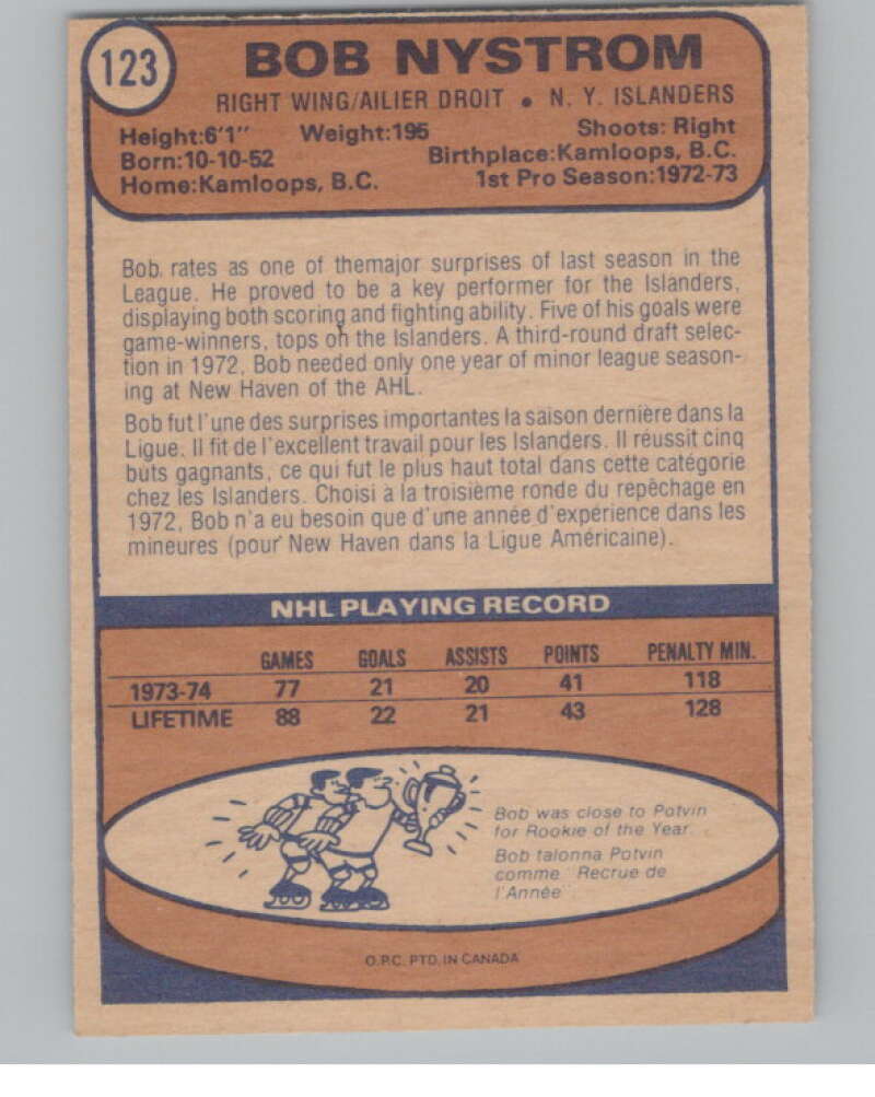 1974-75 O-Pee-Chee #123 Bob Nystrom  New York Islanders  V103569 Image 2