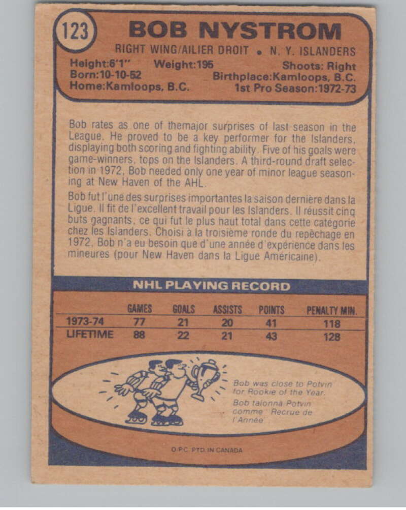 1974-75 O-Pee-Chee #123 Bob Nystrom  New York Islanders  V103570 Image 2