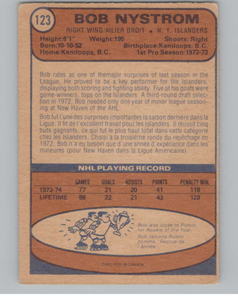 1974-75 O-Pee-Chee #123 Bob Nystrom  New York Islanders  V103572 Image 2