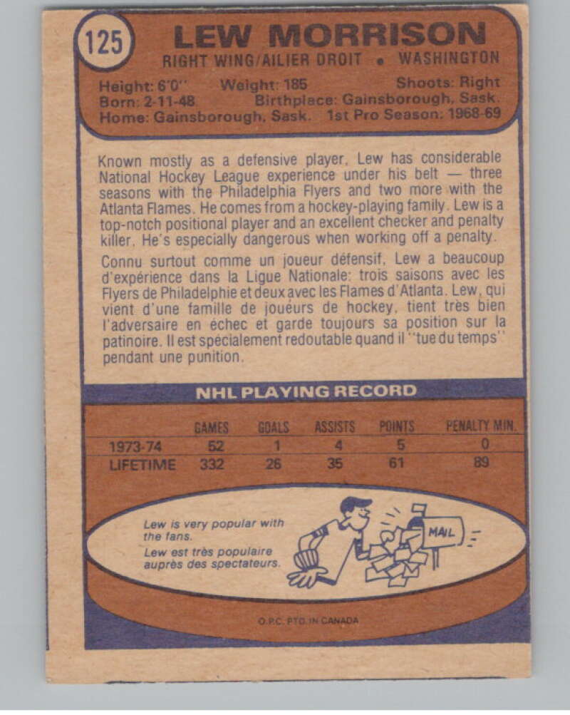 1974-75 O-Pee-Chee #125 Lew Morrison  Washington Capitals  V103573 Image 2