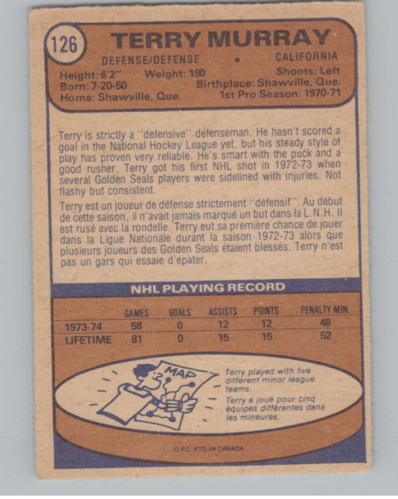 1974-75 O-Pee-Chee #126 Terry Murray  California Golden Seals  V103574 Image 2