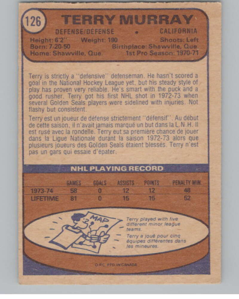 1974-75 O-Pee-Chee #126 Terry Murray  California Golden Seals  V103575 Image 2