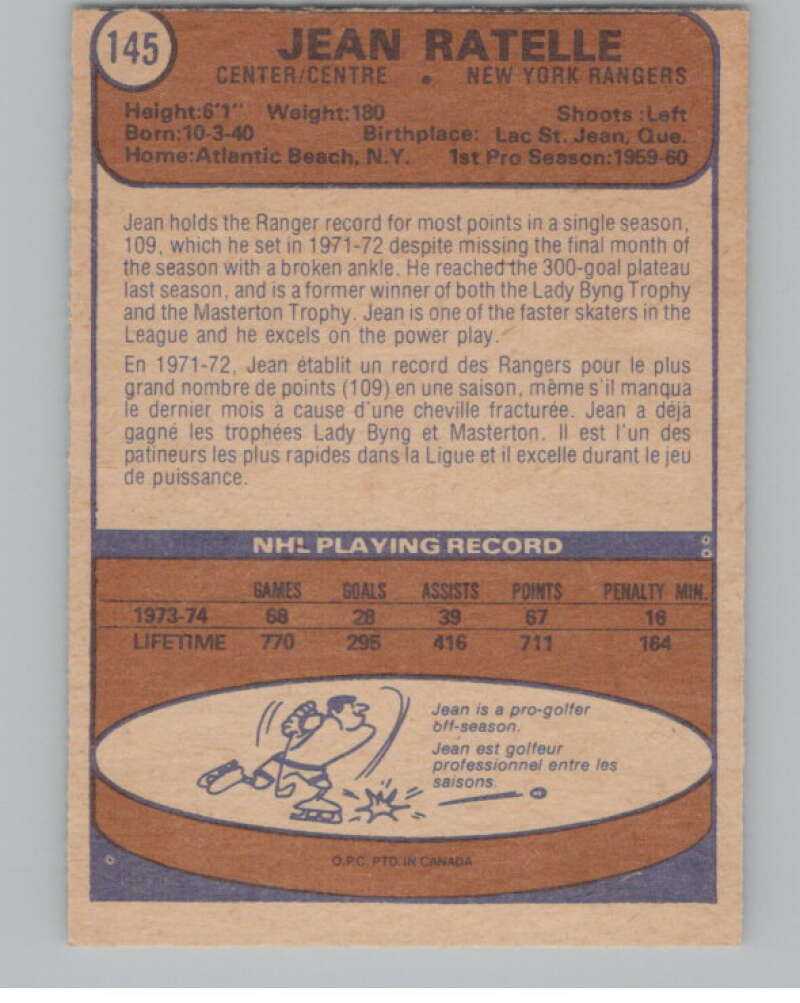 1974-75 O-Pee-Chee #145 Jean Ratelle  New York Rangers  V103593 Image 2