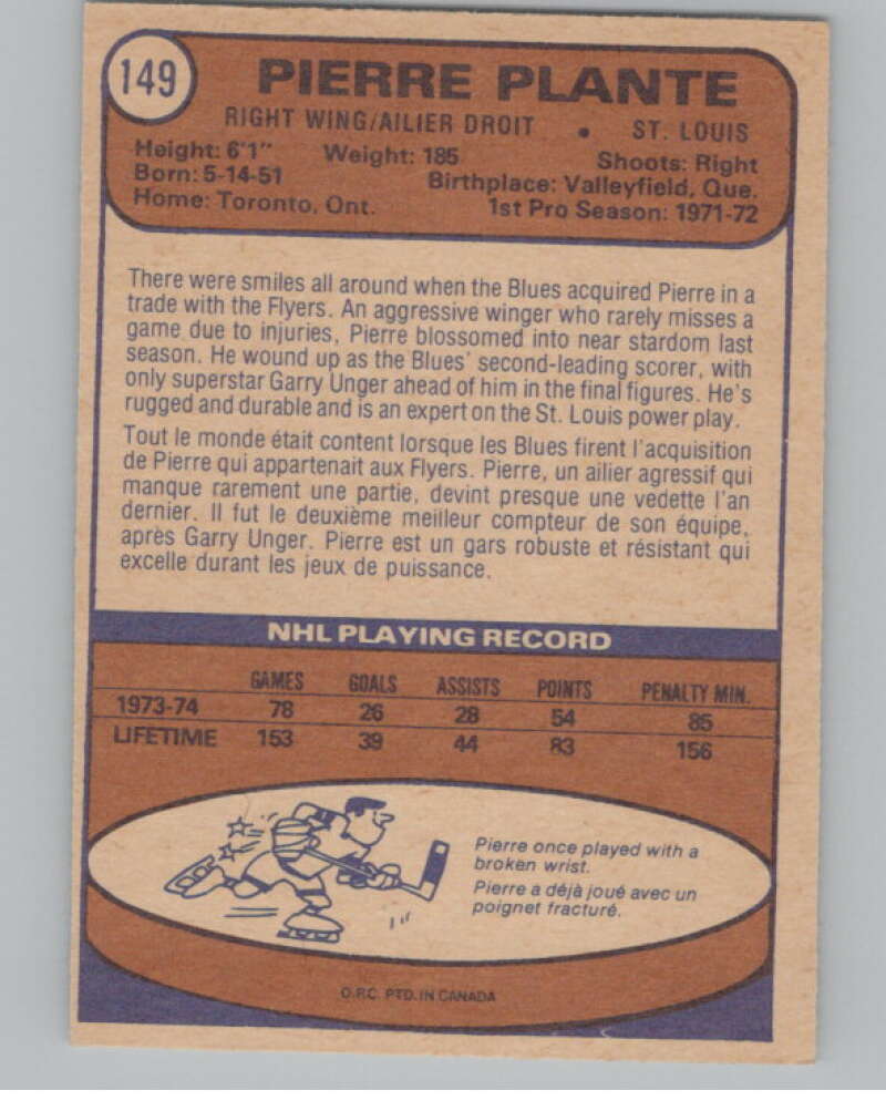 1974-75 O-Pee-Chee #149 Pierre Plante  St. Louis Blues  V103598 Image 2