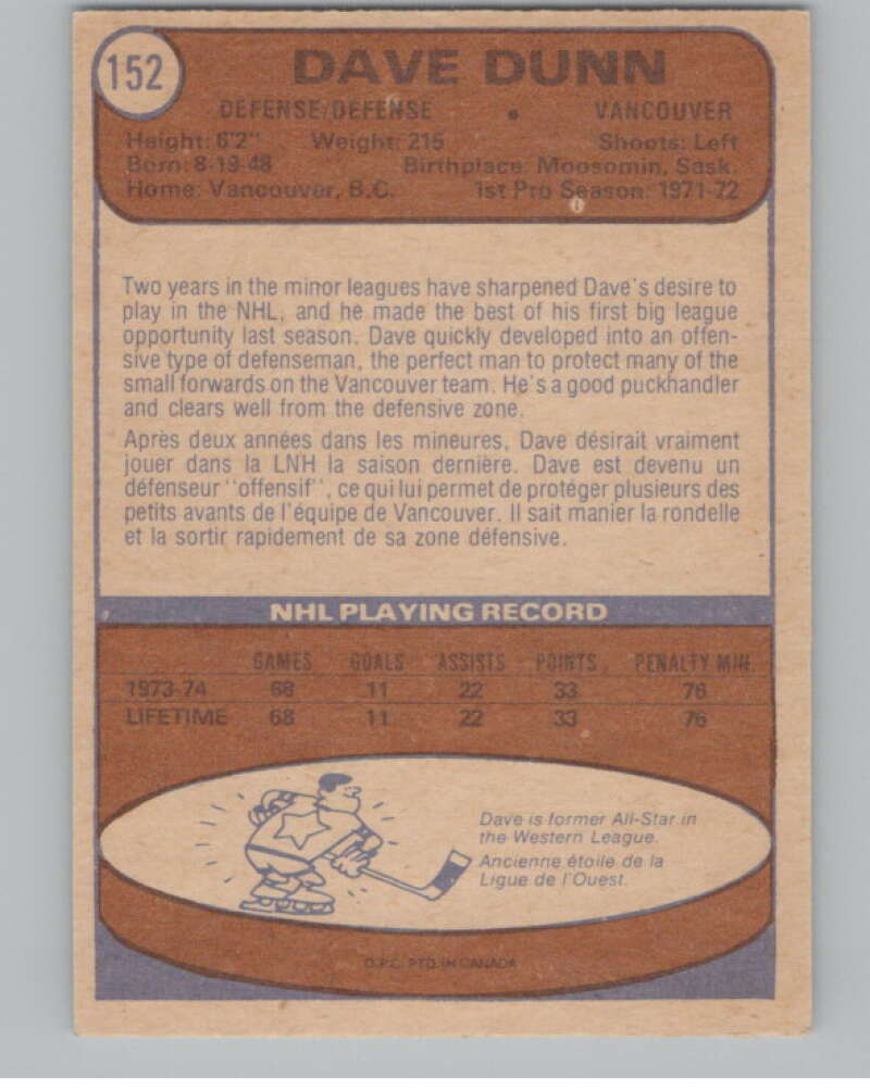 1974-75 O-Pee-Chee #152 Dave Dunn  RC Rookie Vancouver Canucks  V103599 Image 2