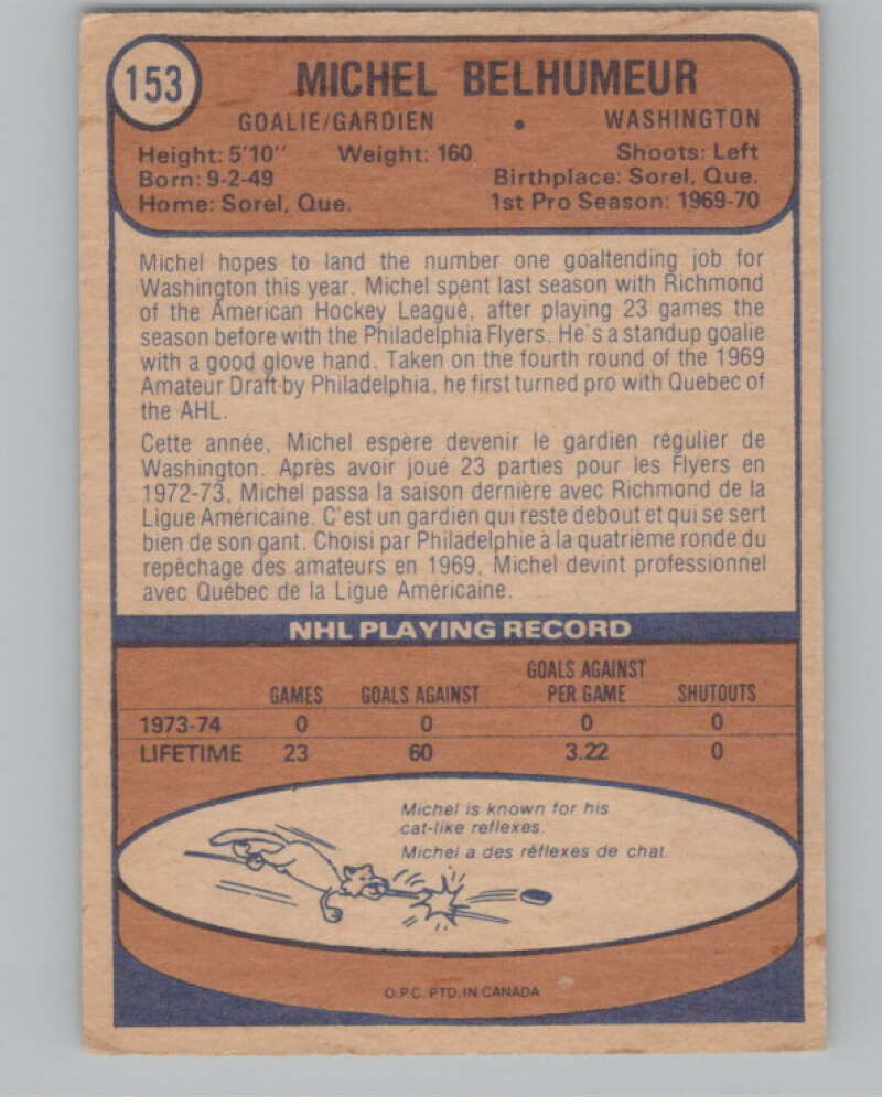 1974-75 O-Pee-Chee #153 Michel Belhumeur  Washington Capitals  V103602 Image 2