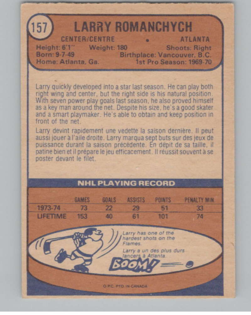 1974-75 O-Pee-Chee #157 Larry Romanchych  Atlanta Flames  V103606 Image 2