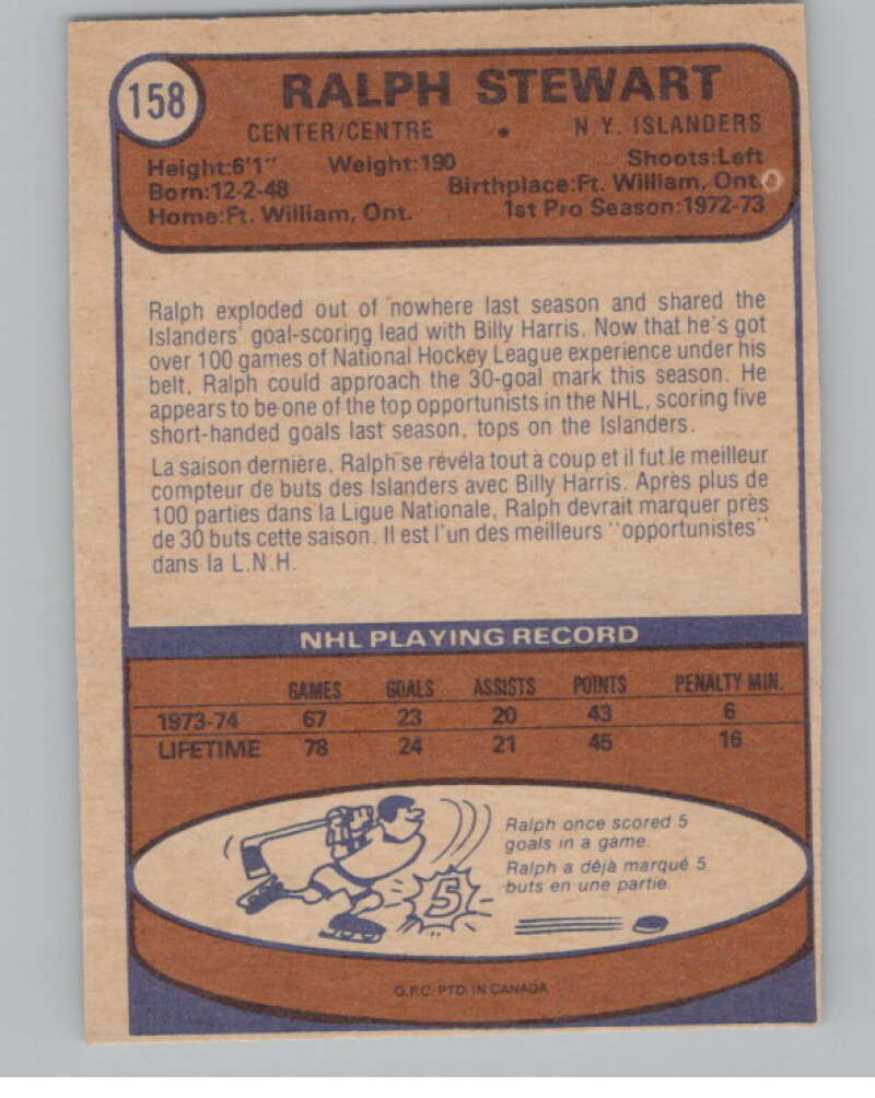 1974-75 O-Pee-Chee #158 Ralph Stewart RC Rookie New York Islanders  V103608 Image 2