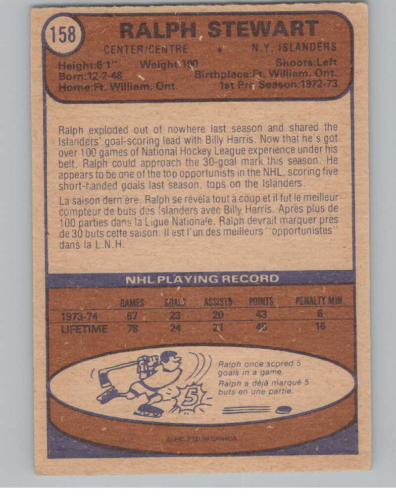 1974-75 O-Pee-Chee #158 Ralph Stewart RC Rookie New York Islanders  V103609 Image 2