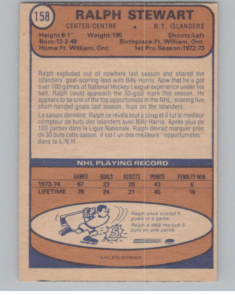 1974-75 O-Pee-Chee #158 Ralph Stewart RC Rookie New York Islanders  V103610 Image 2