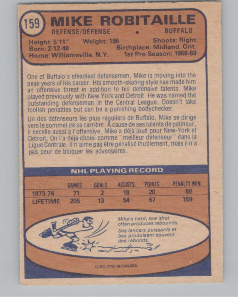 1974-75 O-Pee-Chee #159 Mike Robitaille  Buffalo Sabres  V103611 Image 2