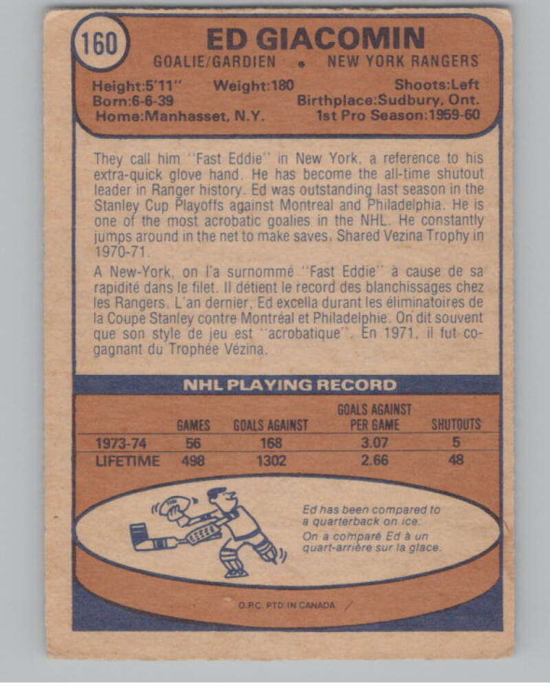 1974-75 O-Pee-Chee #160 Ed Giacomin  New York Rangers  V103612 Image 2