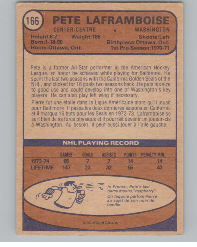 1974-75 O-Pee-Chee #166 Pete Laframboise  Washington Capitals  V103621 Image 2