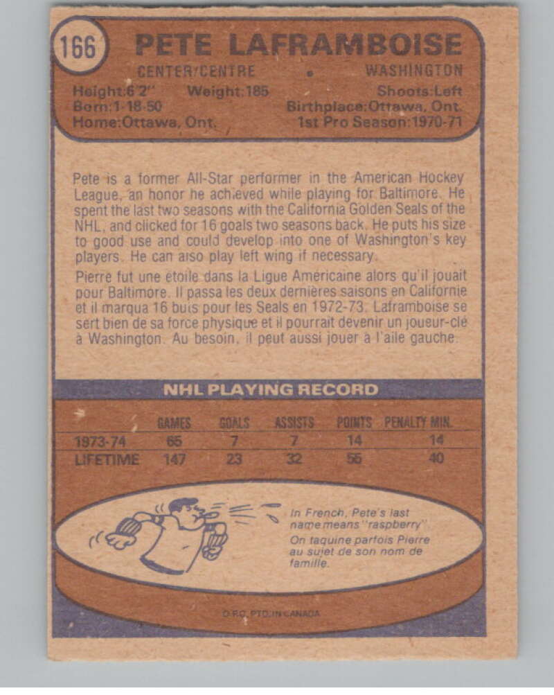 1974-75 O-Pee-Chee #166 Pete Laframboise  Washington Capitals  V103622 Image 2