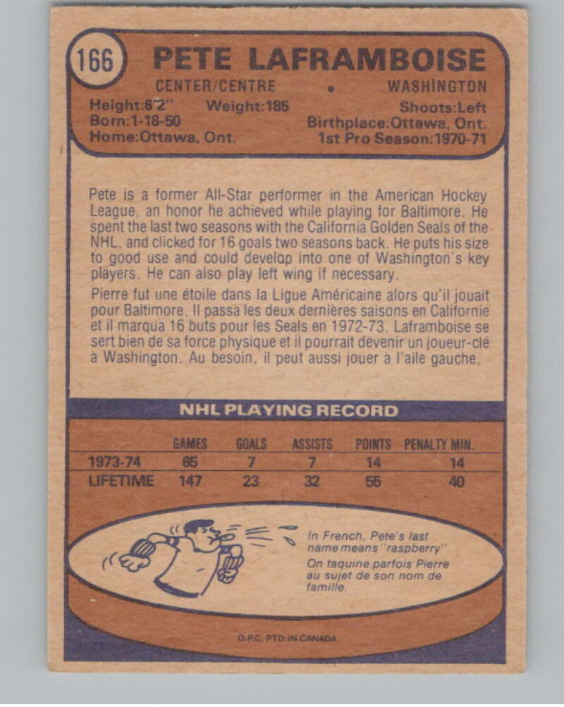 1974-75 O-Pee-Chee #166 Pete Laframboise  Washington Capitals  V103623 Image 2