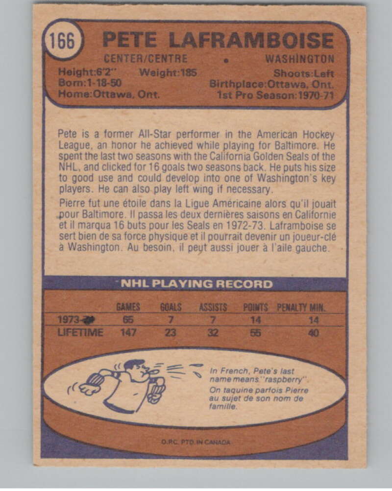 1974-75 O-Pee-Chee #166 Pete Laframboise  Washington Capitals  V103624 Image 2