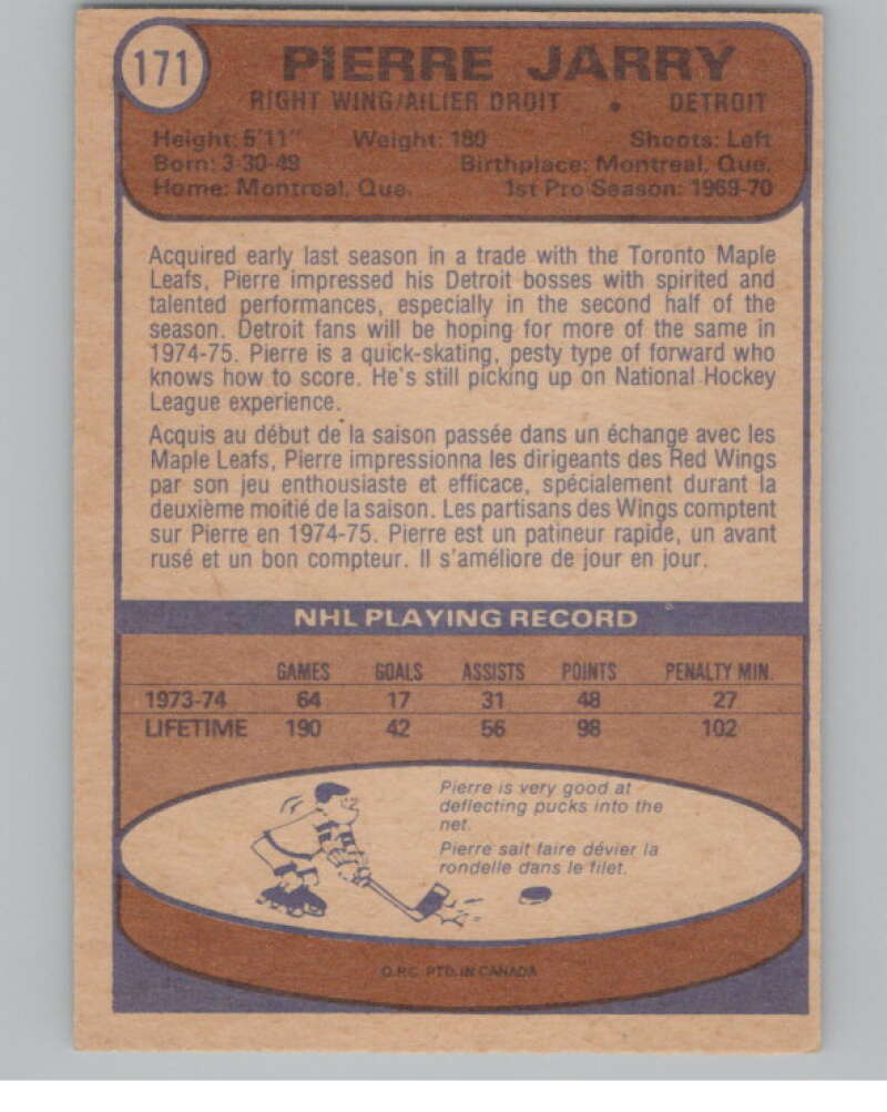 1974-75 O-Pee-Chee #171 Pierre Jarry  Detroit Red Wings  V103627 Image 2