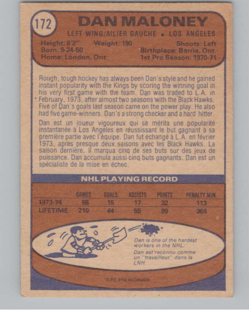 1974-75 O-Pee-Chee #172 Dan Maloney  Los Angeles Kings  V103628 Image 2