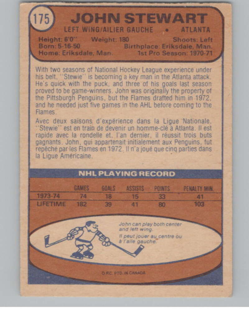 1974-75 O-Pee-Chee #175 John Stewart  RC Rookie Golden Seals  V103631 Image 2