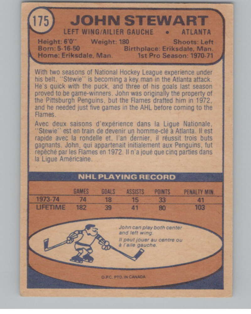 1974-75 O-Pee-Chee #175 John Stewart  RC Rookie Golden Seals  V103632 Image 2