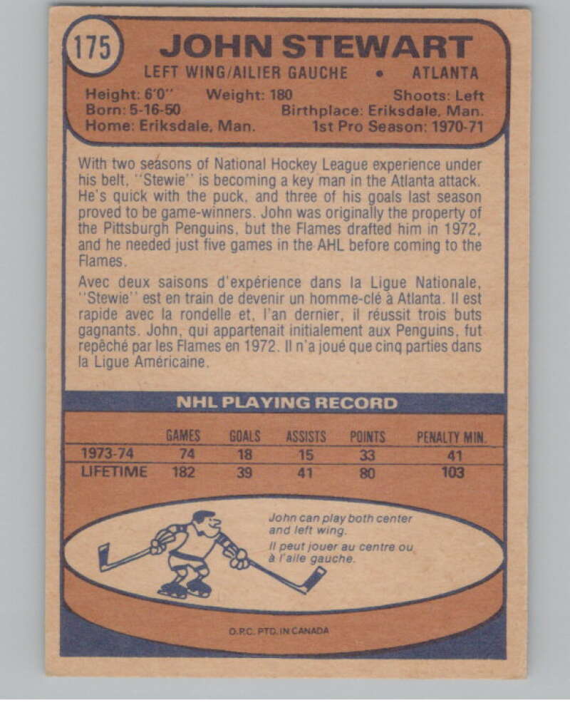 1974-75 O-Pee-Chee #175 John Stewart  RC Rookie Golden Seals  V103633 Image 2