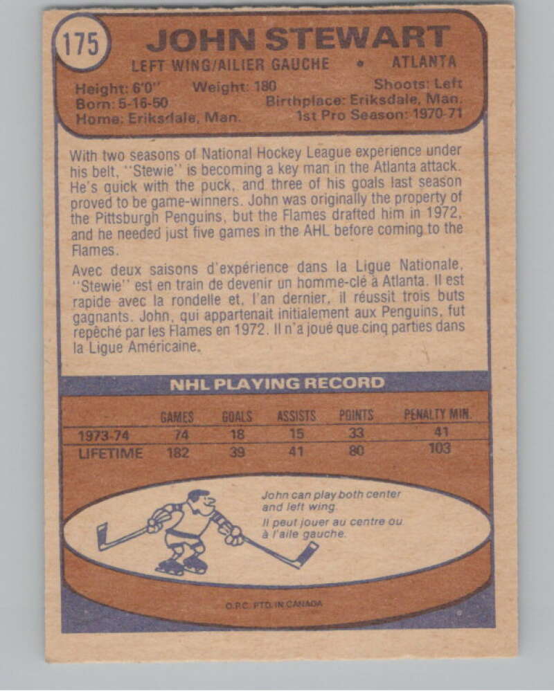 1974-75 O-Pee-Chee #175 John Stewart  RC Rookie Golden Seals  V103634 Image 2