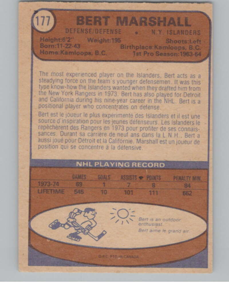 1974-75 O-Pee-Chee #177 Bert Marshall  New York Islanders  V103640 Image 2