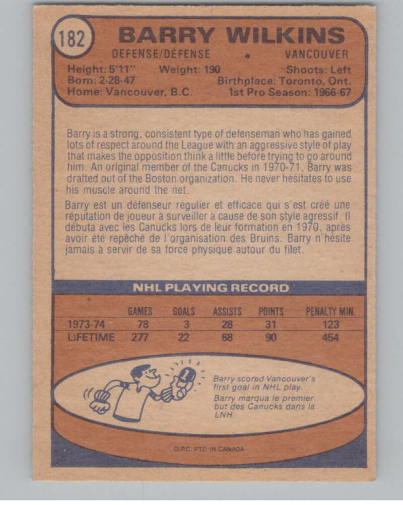 1974-75 O-Pee-Chee #182 Barry Wilkins  Vancouver Canucks  V103644 Image 2
