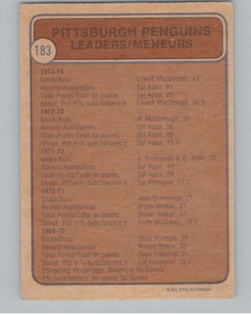 1974-75 O-Pee-Chee #183 Syl Apps Jr. TL  Pittsburgh Penguins  V103648 Image 2