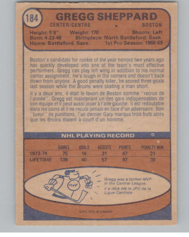 1974-75 O-Pee-Chee #184 Gregg Sheppard  Boston Bruins  V103652 Image 2