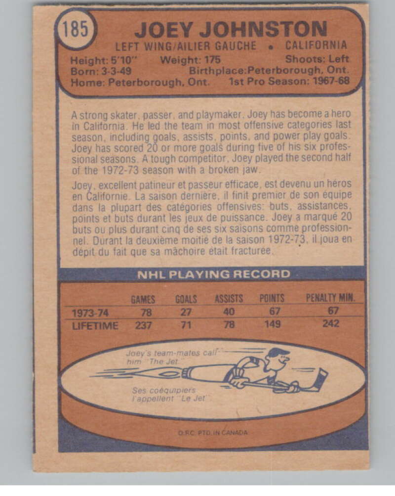 1974-75 O-Pee-Chee #185 Joey Johnston   V103654 Image 2