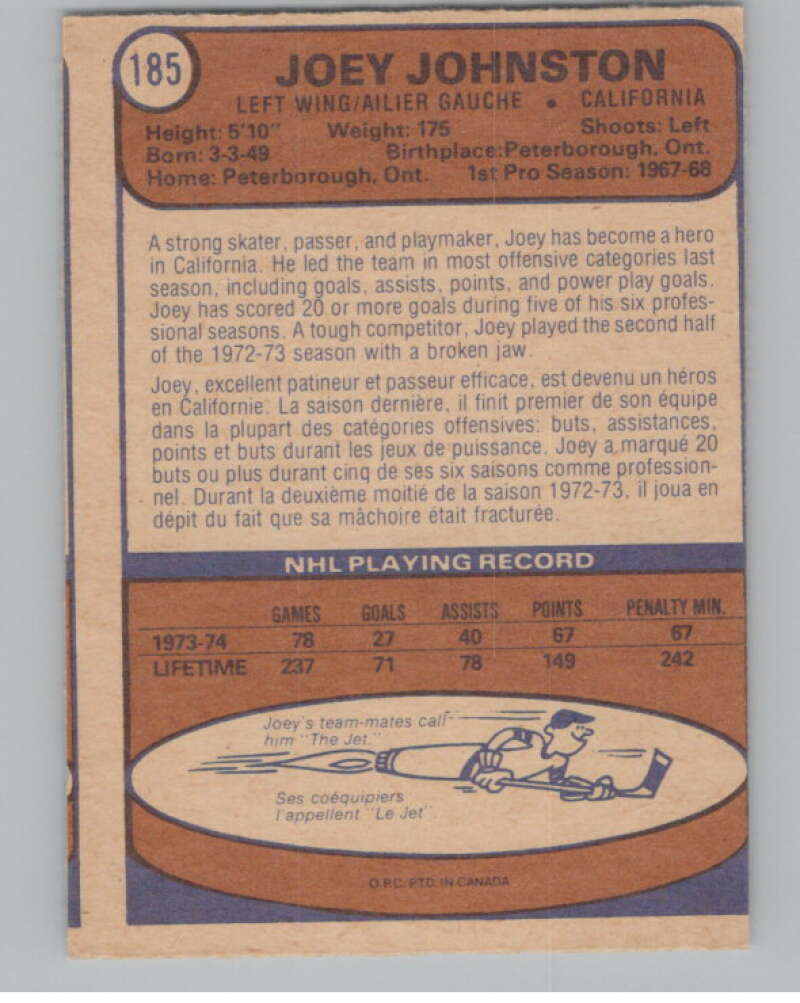 1974-75 O-Pee-Chee #185 Joey Johnston   V103655 Image 2