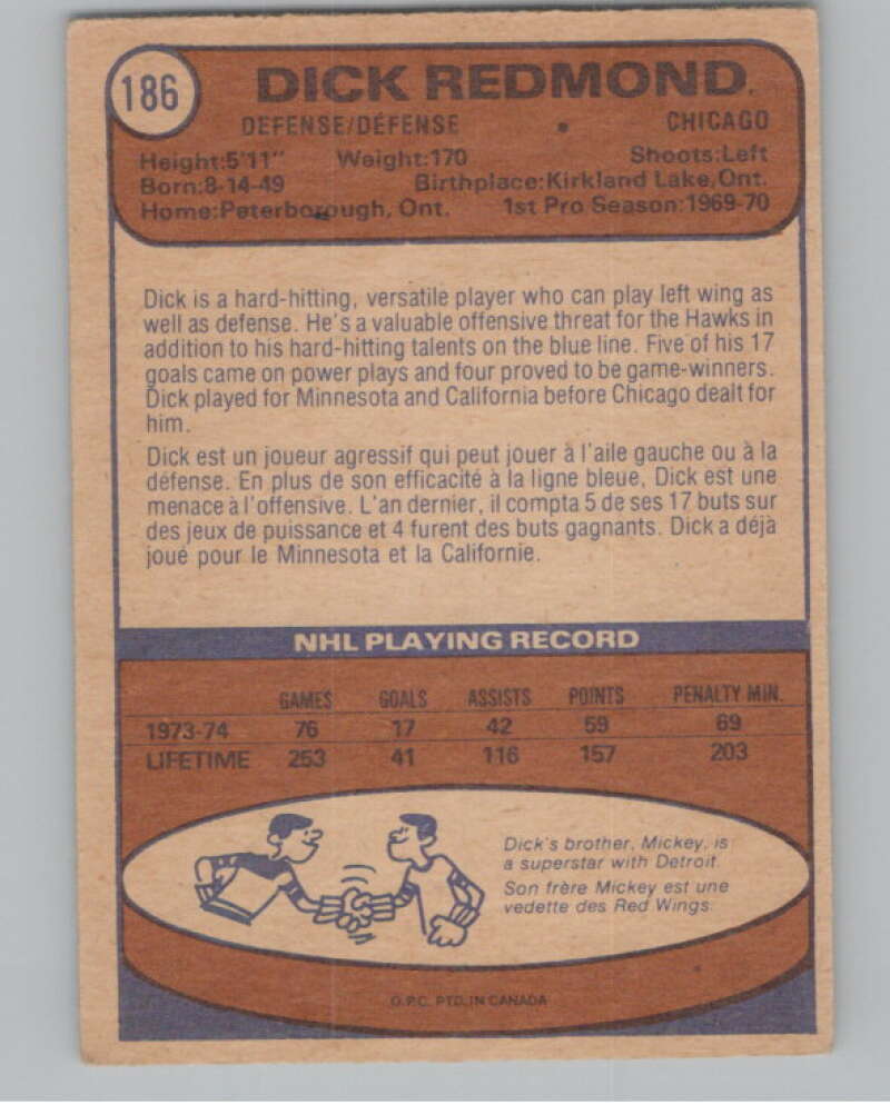 1974-75 O-Pee-Chee #186 Dick Redmond  Chicago Blackhawks  V103656 Image 2