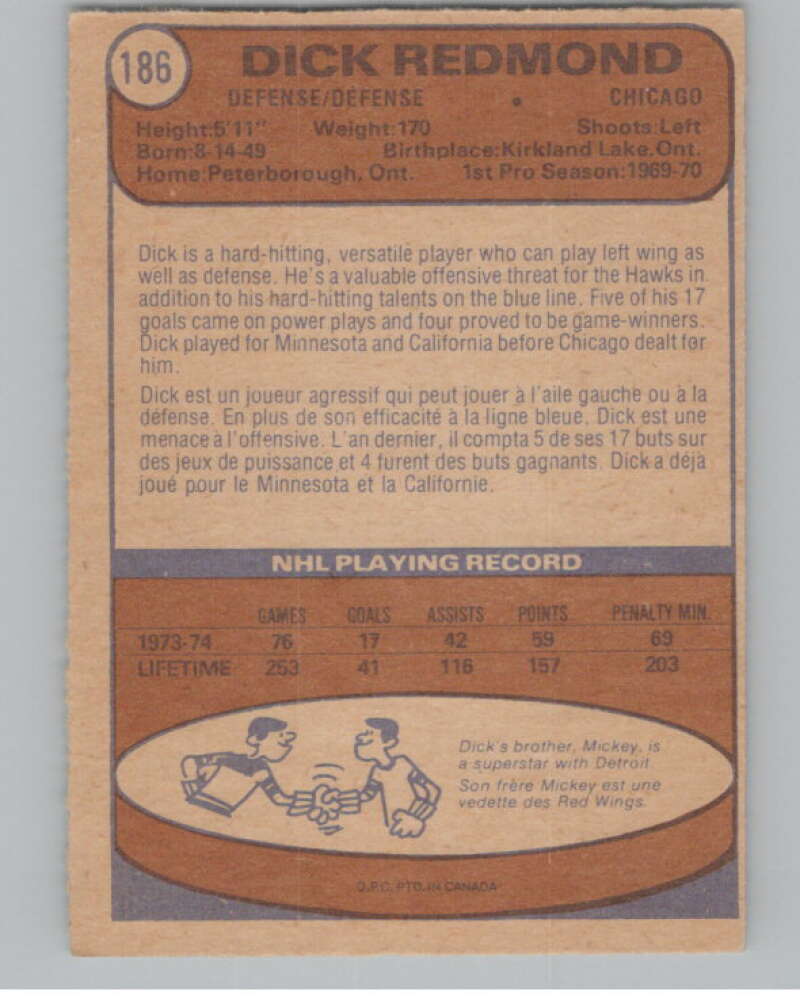 1974-75 O-Pee-Chee #186 Dick Redmond  Chicago Blackhawks  V103657 Image 2