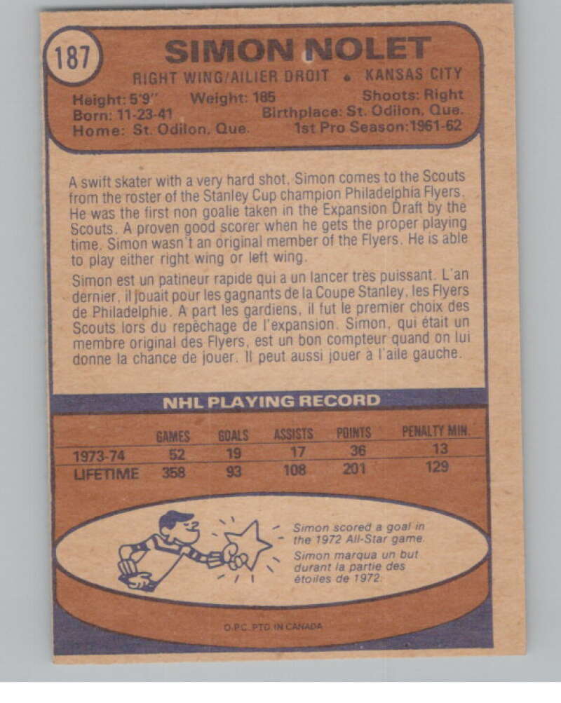 1974-75 O-Pee-Chee #187 Simon Nolet  Kansas City Scouts  V103659 Image 2