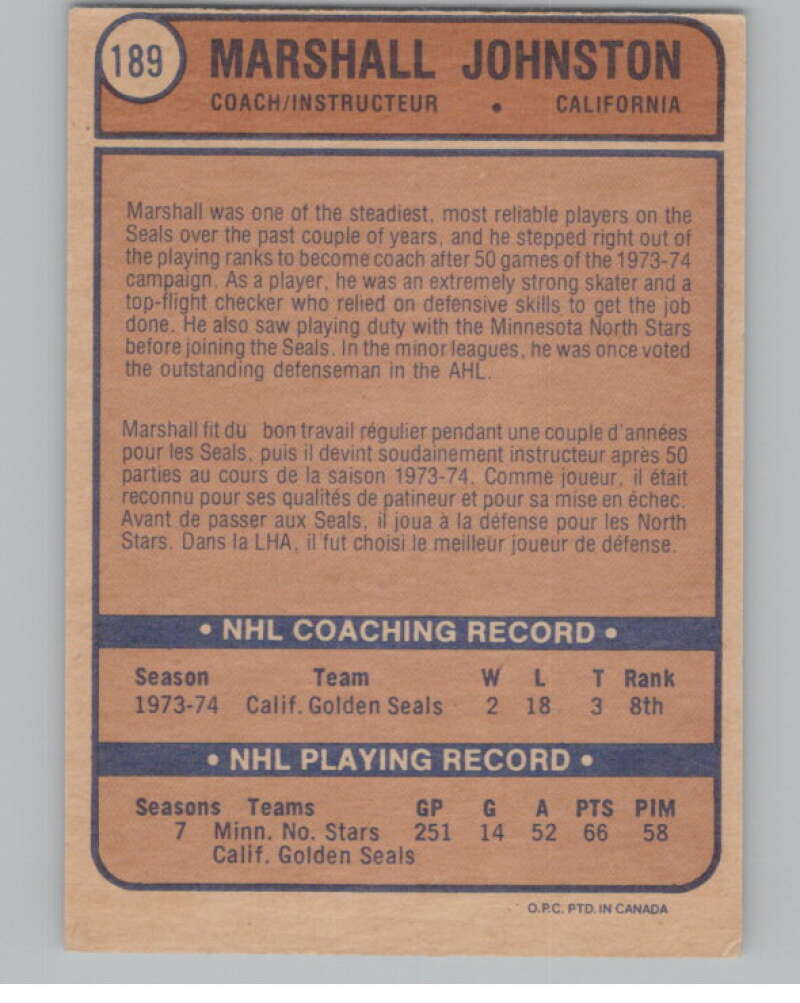 1974-75 O-Pee-Chee #189 Marshall Johnston  California Golden Seals  V103666 Image 2