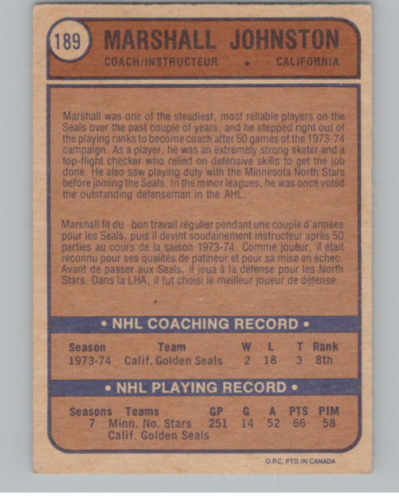 1974-75 O-Pee-Chee #189 Marshall Johnston  California Golden Seals  V103668 Image 2