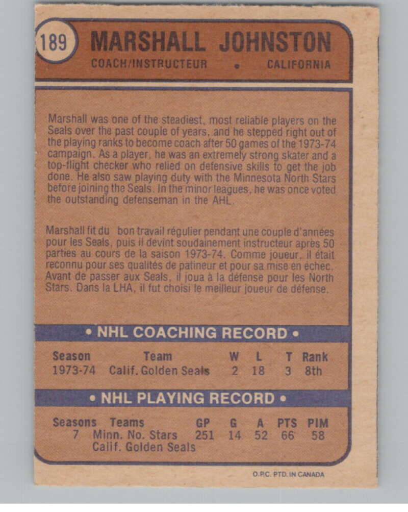 1974-75 O-Pee-Chee #189 Marshall Johnston  California Golden Seals  V103669 Image 2