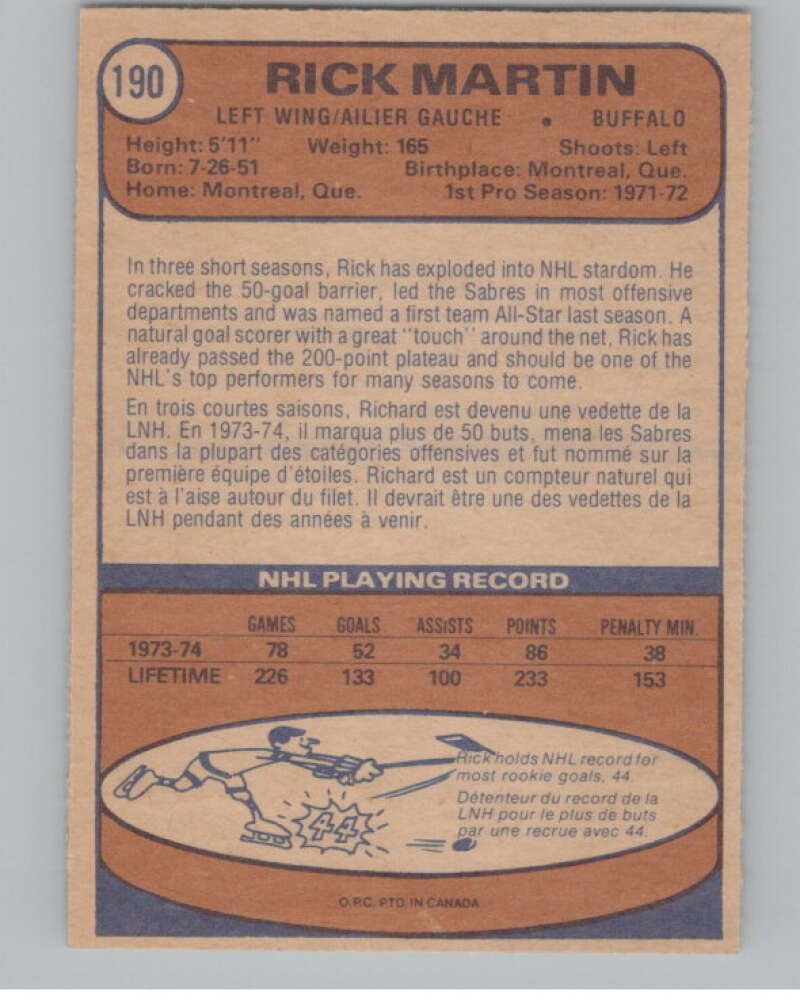 1974-75 O-Pee-Chee #190 Rick Martin  Buffalo Sabres  V103670 Image 2