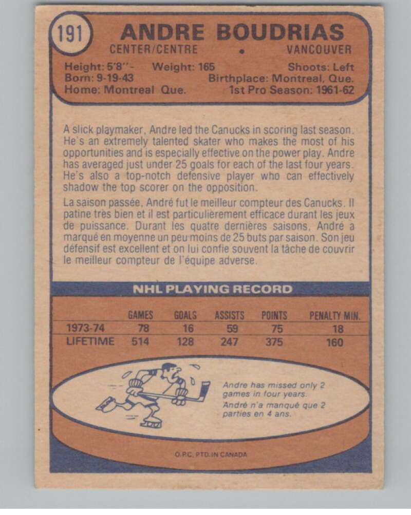 1974-75 O-Pee-Chee #191 Andre Boudrias  Vancouver Canucks  V103671 Image 2
