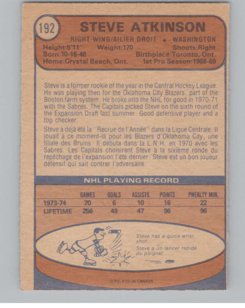 1974-75 O-Pee-Chee #192 Steve Atkinson  Washington Capitals  V103672 Image 2