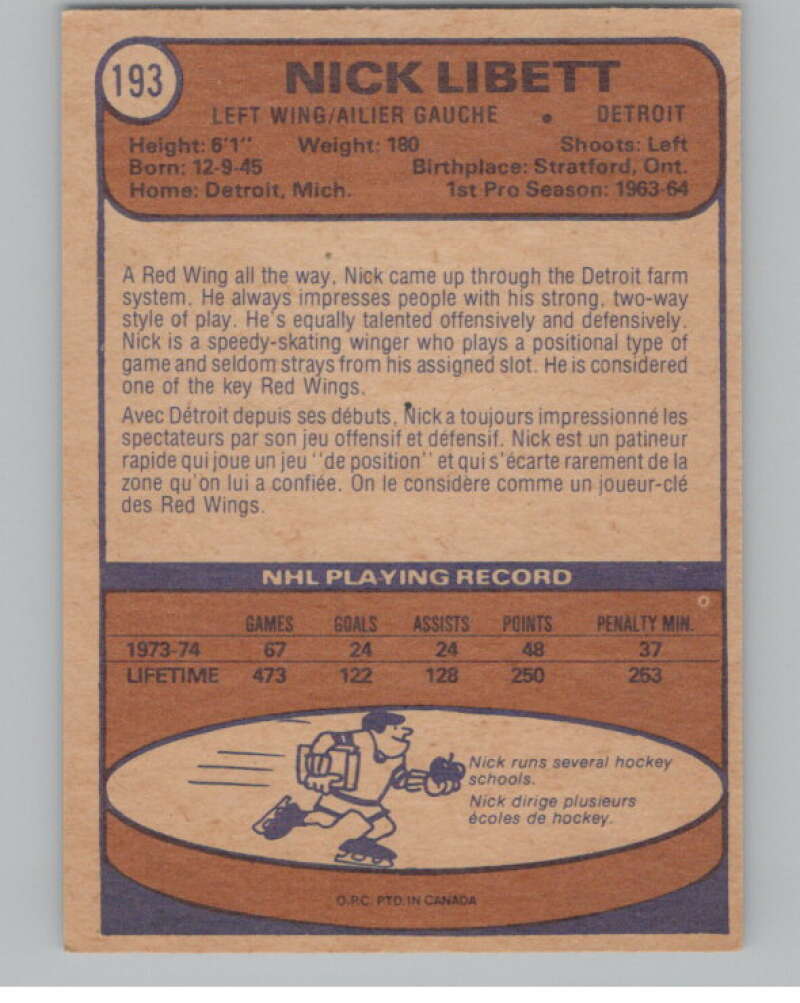 1974-75 O-Pee-Chee #193 Nick Libett  Detroit Red Wings  V103674 Image 2