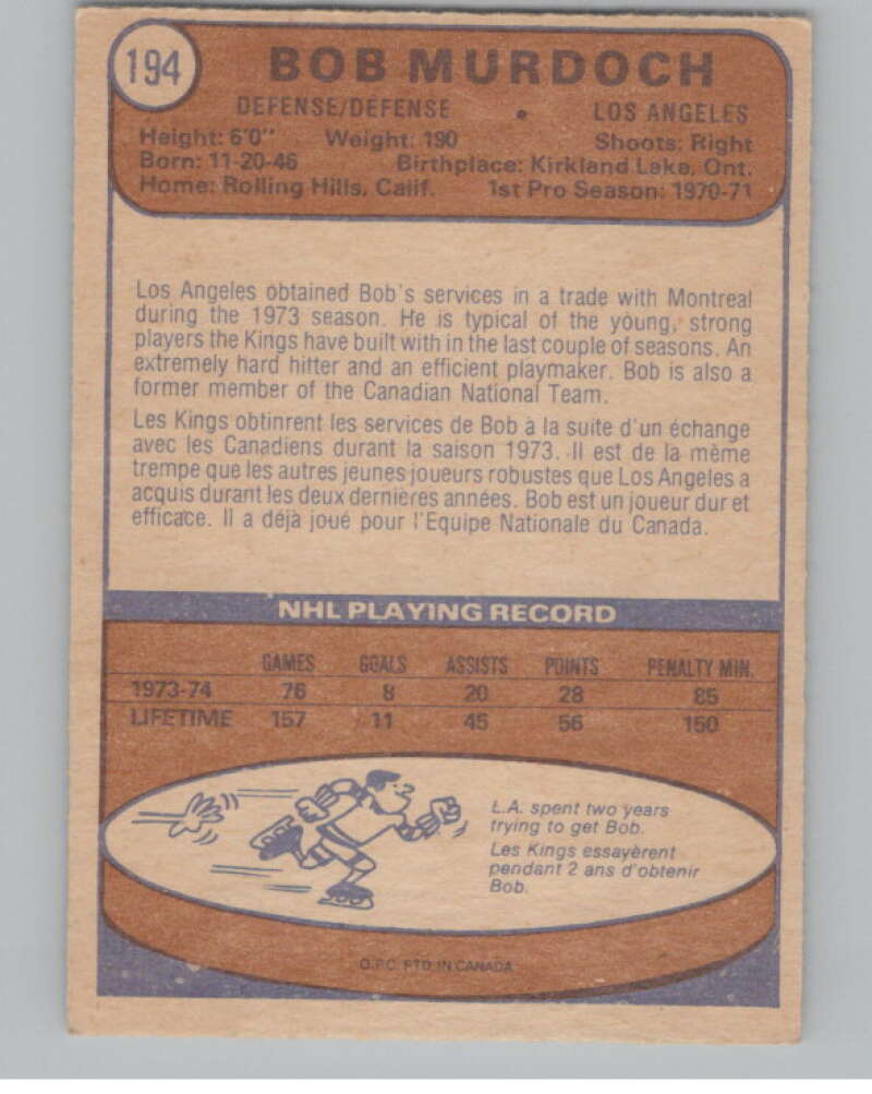 1974-75 O-Pee-Chee #194 Bob Murdoch  RC Rookie Los Angeles Kings  V103676 Image 2