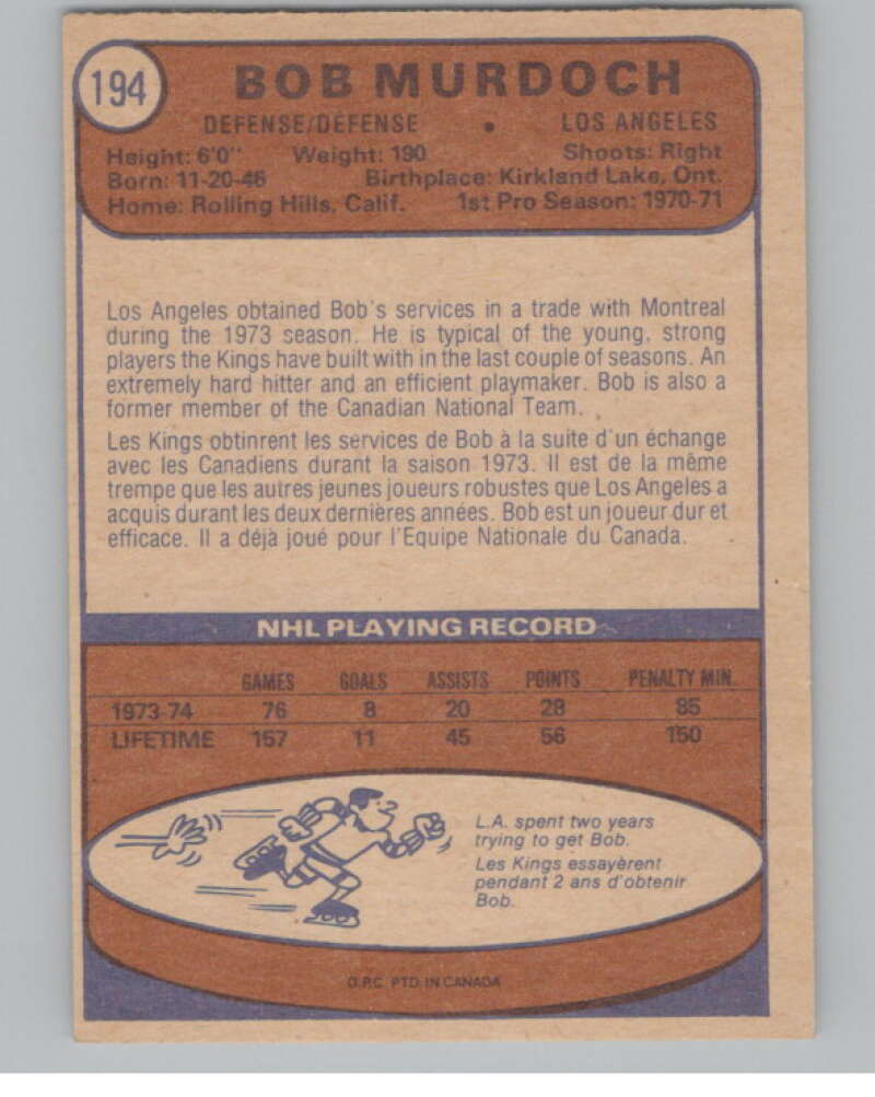 1974-75 O-Pee-Chee #194 Bob Murdoch  RC Rookie Los Angeles Kings  V103677 Image 2