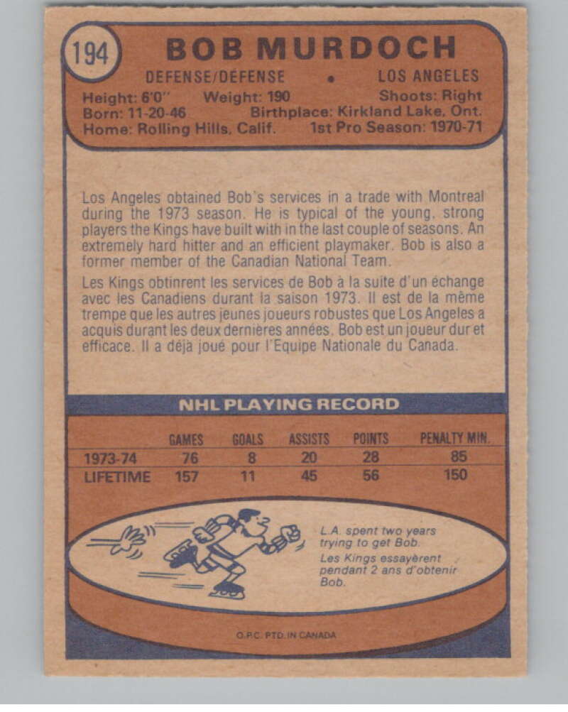 1974-75 O-Pee-Chee #194 Bob Murdoch  RC Rookie Los Angeles Kings  V103678 Image 2