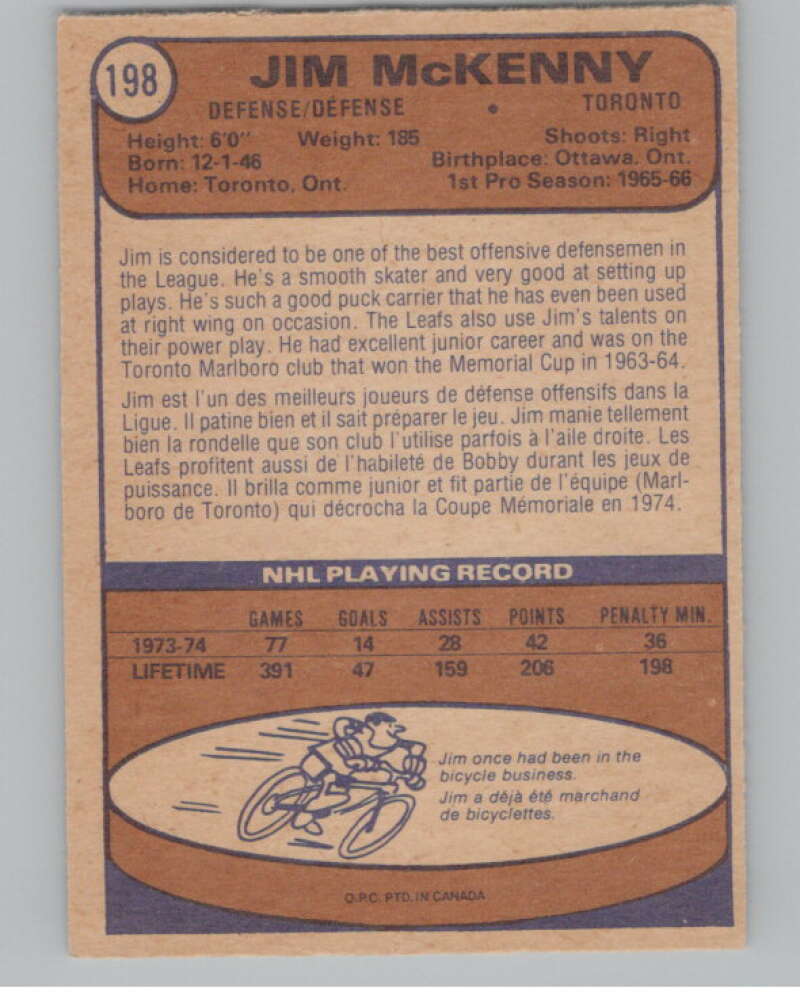 1974-75 O-Pee-Chee #198 Jim McKenny  Toronto Maple Leafs  V103680 Image 2